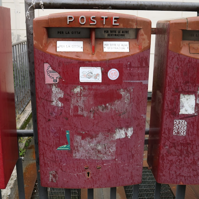 a couple of red boxes sitting next to each other