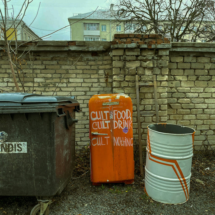 a couple of trash cans sitting next to a brick wall