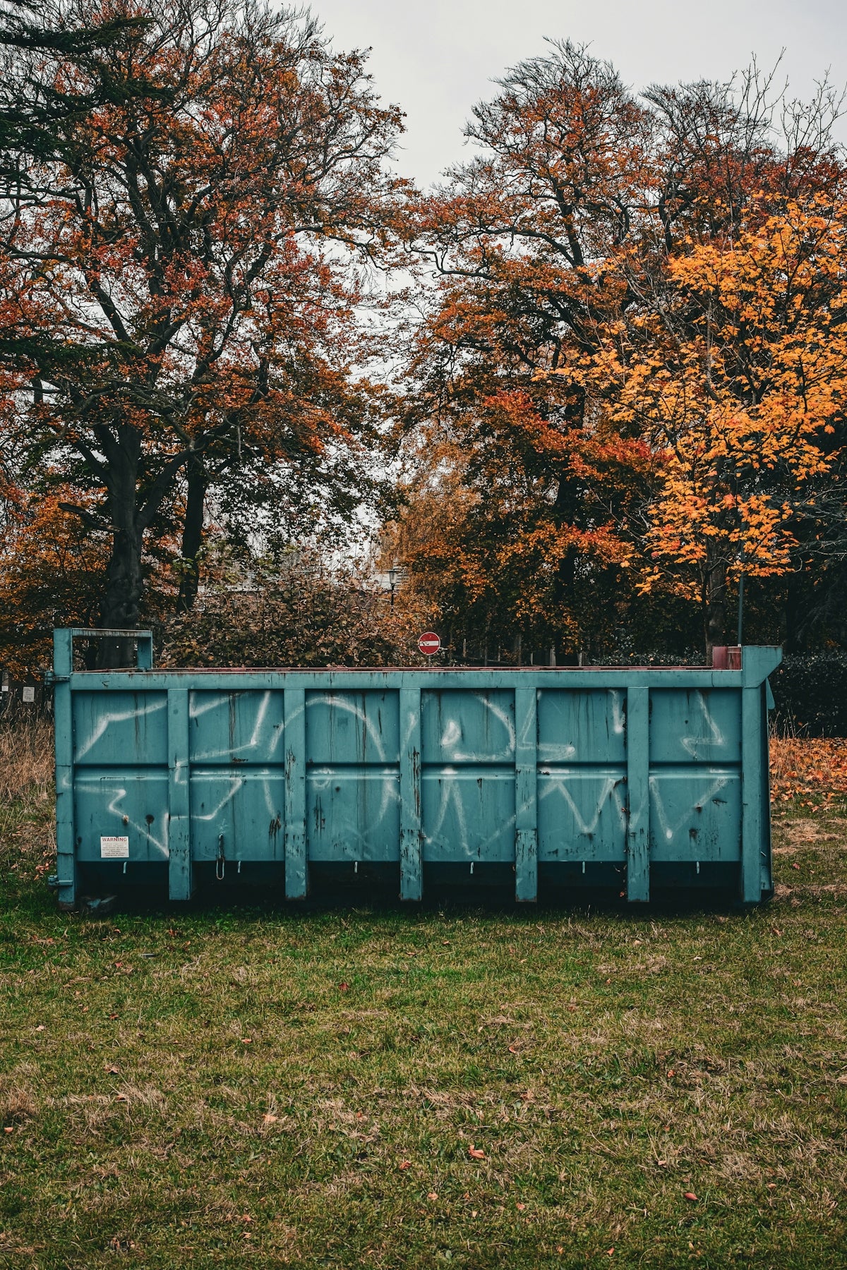 A blue box sitting on top of a lush green field