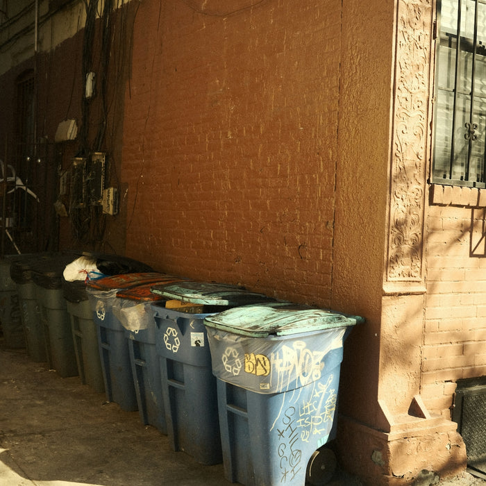 Trash bins are lined up against a brick wall.