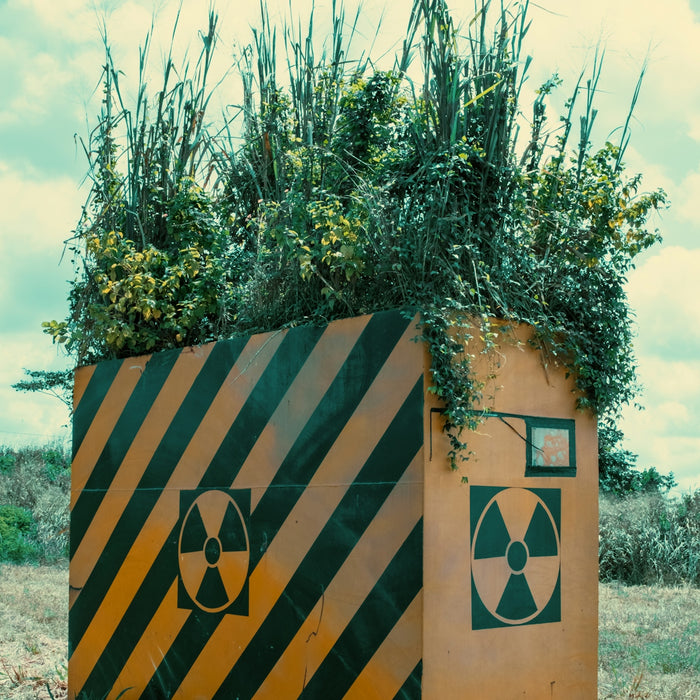 Radiation warning symbol box with overgrown plants.