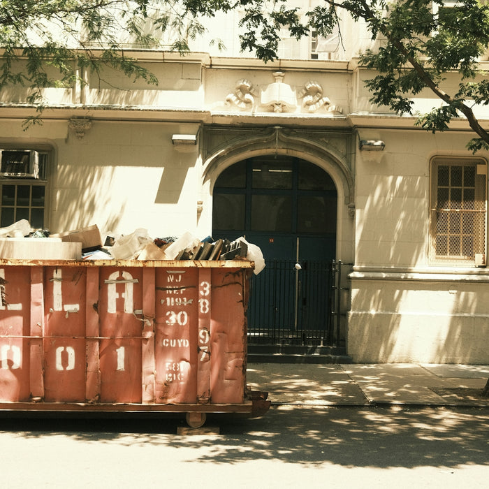 Old building entrance with a dumpster in front.