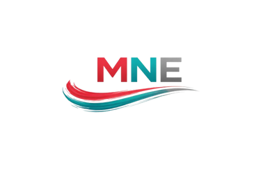 MNE logo in red, teal, and gray with layered brush stroke line underneath on white background.