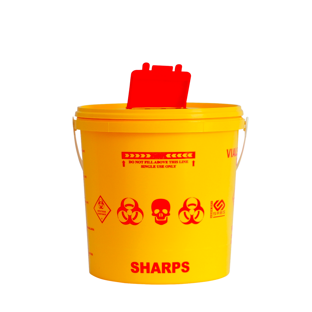 Yellow 10L sharps container with secure lid, designed for safe and compliant disposal of needles and other medical sharps in healthcare settings.