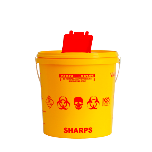 Yellow 10L sharps container with secure lid, designed for safe and compliant disposal of needles and other medical sharps in healthcare settings.