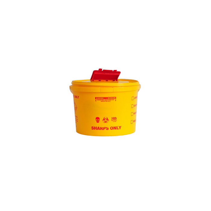 1L sharps container with secure snap-lock lid and biohazard symbol, designed for safe and compliant disposal of needles and medical sharps in healthcare settings.