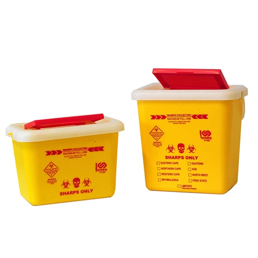 8L Sharps container with biohazard symbol, designed for secure and safe disposal of medical sharps and hazardous waste. Includes medical waste disposal.